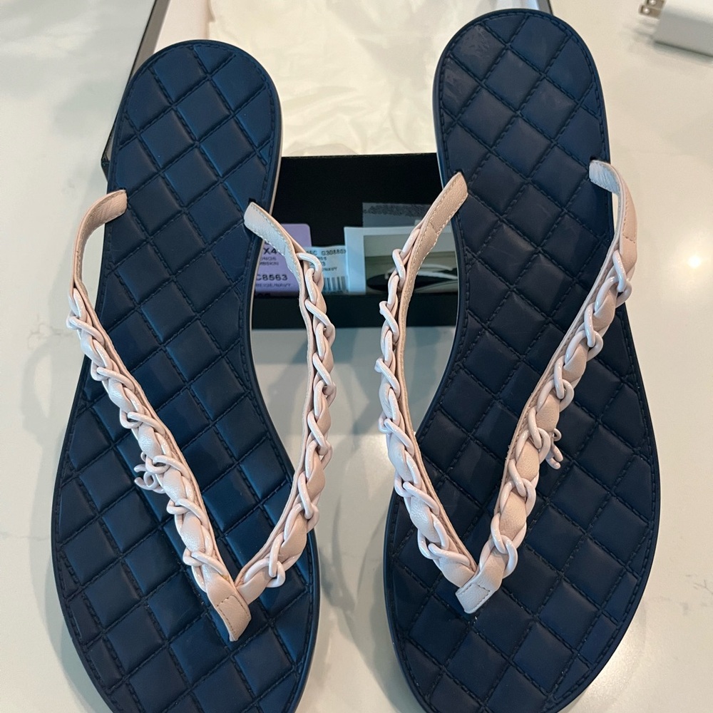 CHANEL Quilted Sandals in Navy and Beige